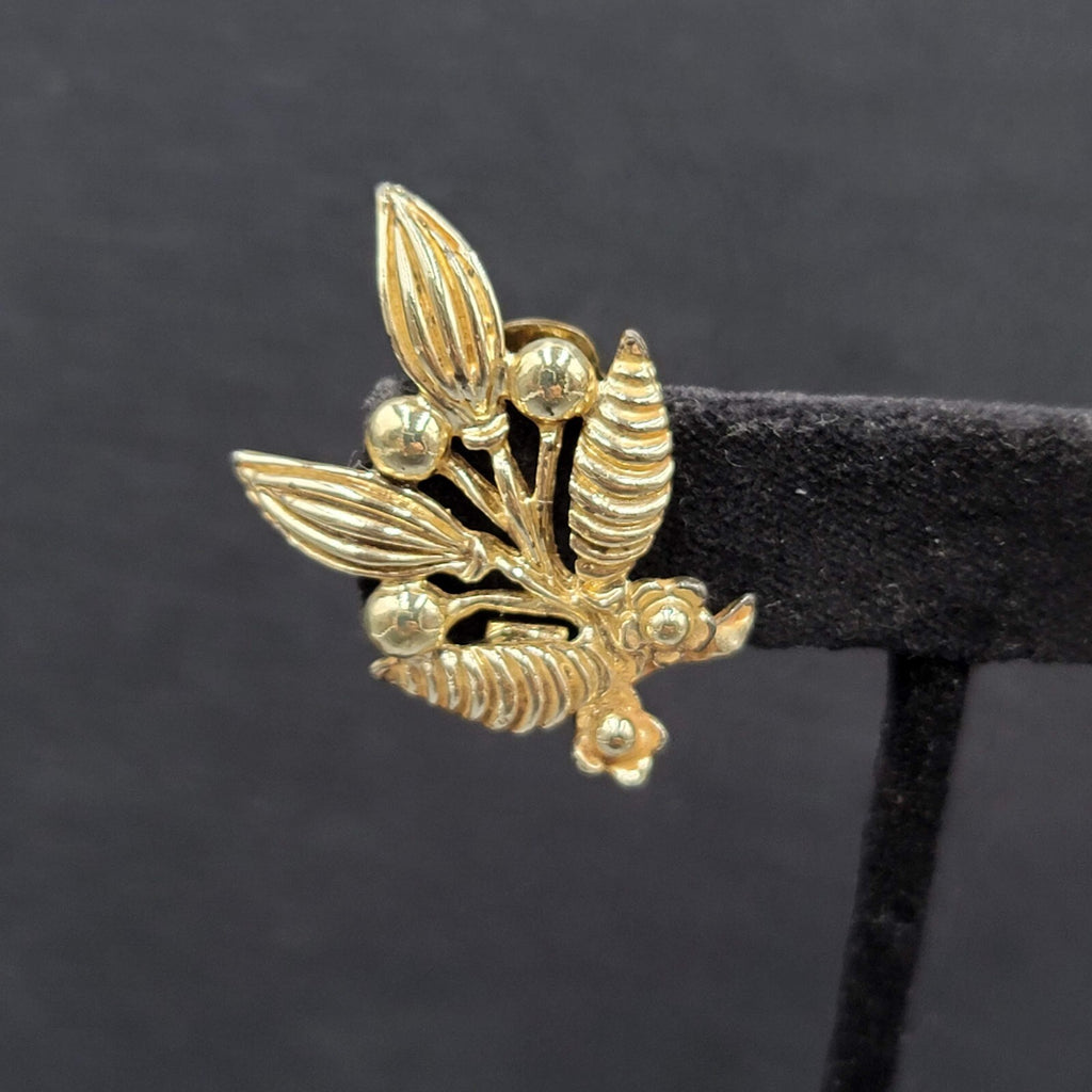 Vintage Clip on Earrings Gold tone Flower Leaves Climbers 1 3/8"