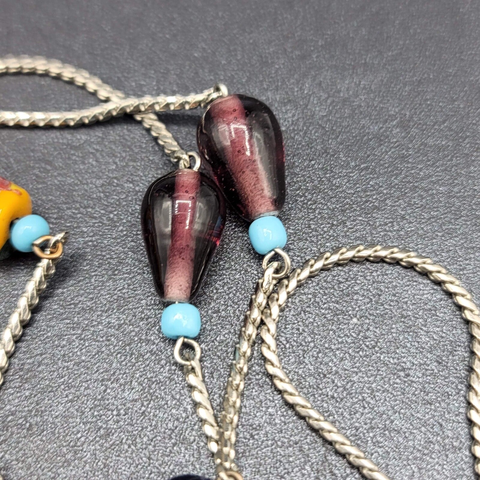 Art Glass Bead Necklace Silver tone Station Bead 44"