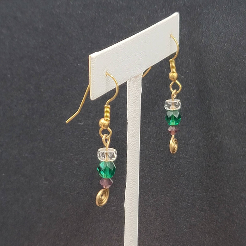 Pierced Earrings Gold tone Green Purple Clear Bead Dangle 1"