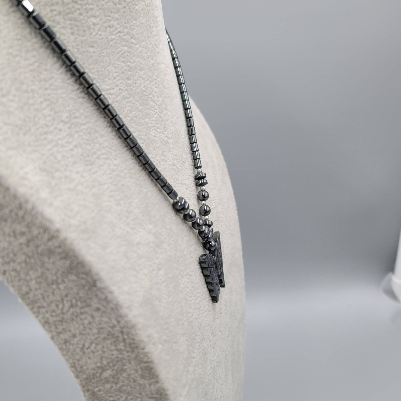 Vintage Butterfly Necklace Hematite Stone Beaded Pendant 18 in