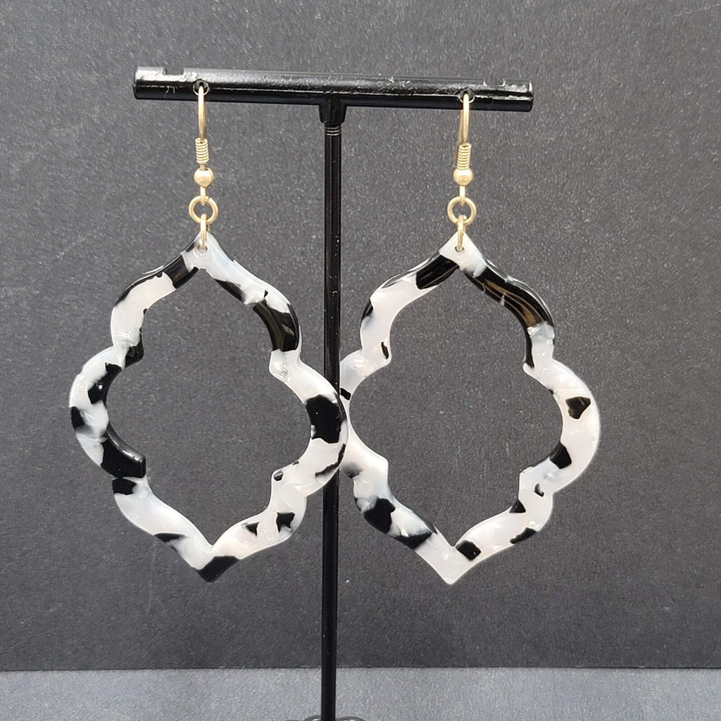 Pierced Earrings Black Gray Acrylic Open Statement Dangle 2.5"