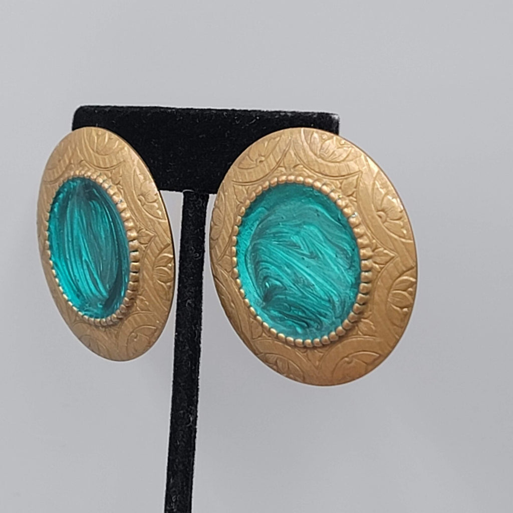 Large Round Pierced Earrings Bronze tone Green Swirl Enamel Drop 1 5/8"