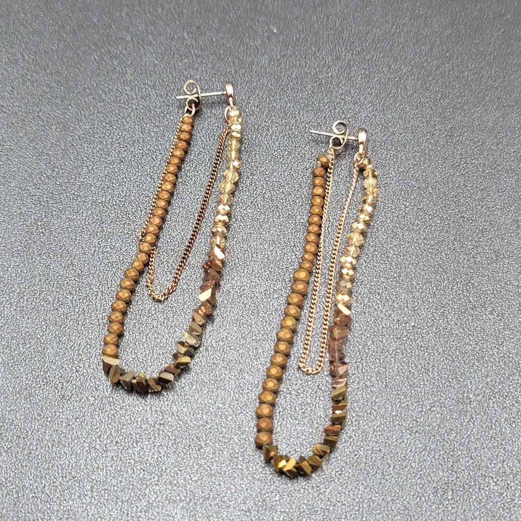 Pierced Earrings Gold tone Small Faceted Beads Dangle Loop To Back 3.25"