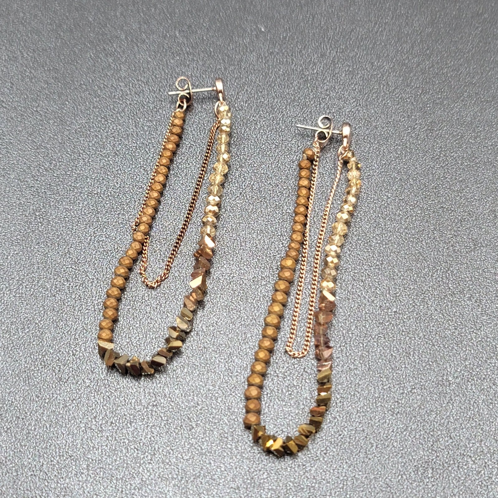 Pierced Earrings Gold tone Small Faceted Beads Dangle Loop To Back 3.25"