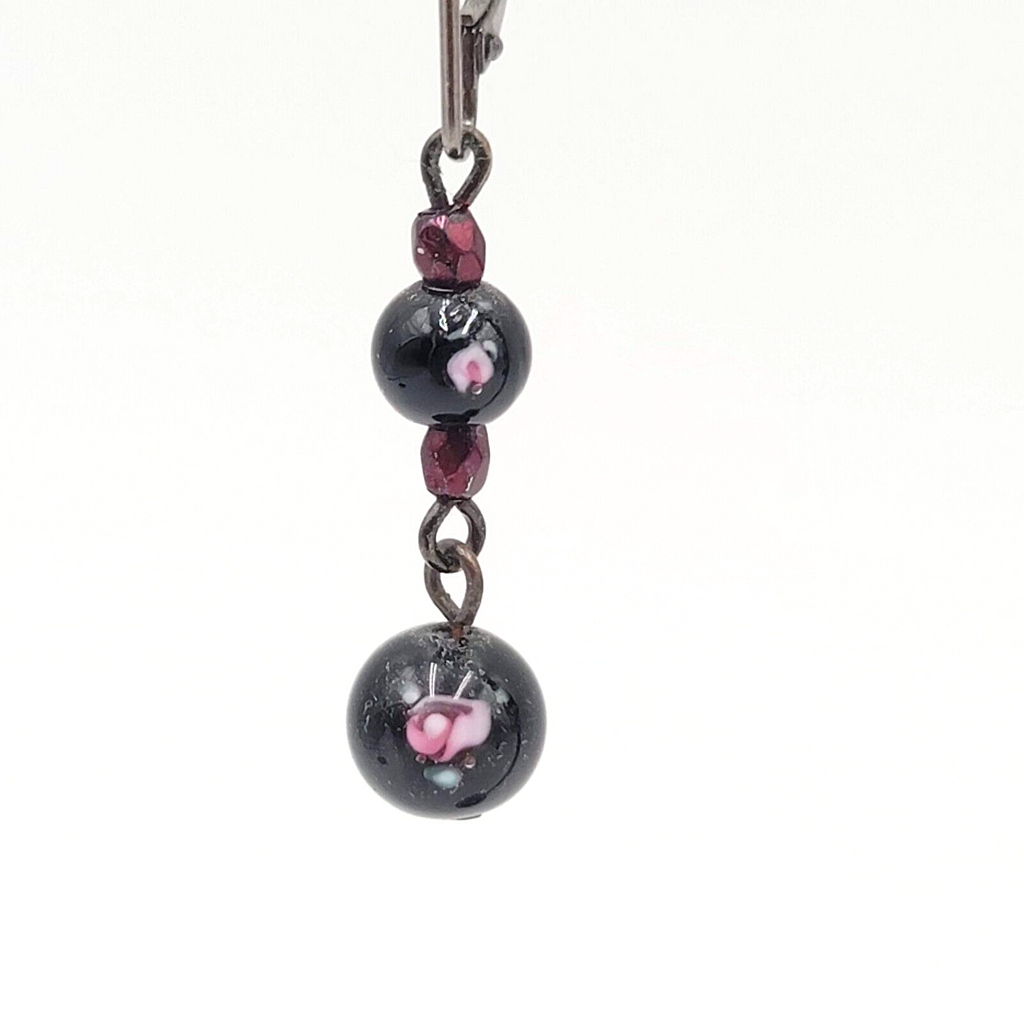 Pierced Earrings Black Metal Flower Glass Bead Dangle 1"