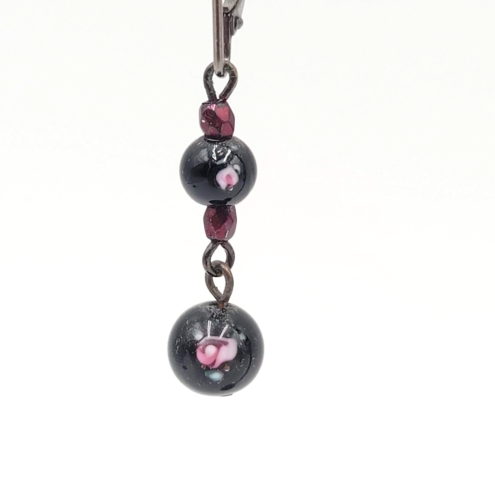 Pierced Earrings Black Metal Flower Glass Bead Dangle 1"