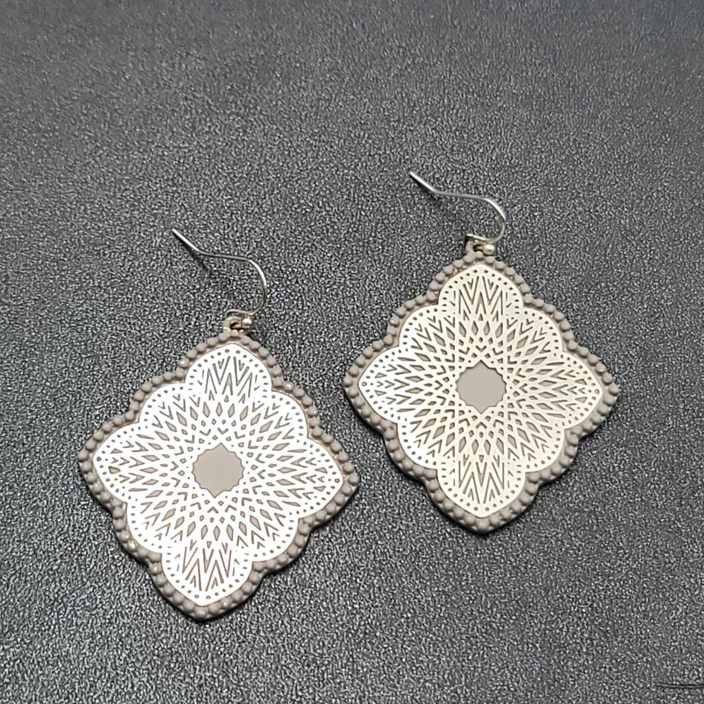 Pierced Earrings Silver tone Gray Enamel Filigree Enamel 1.75"