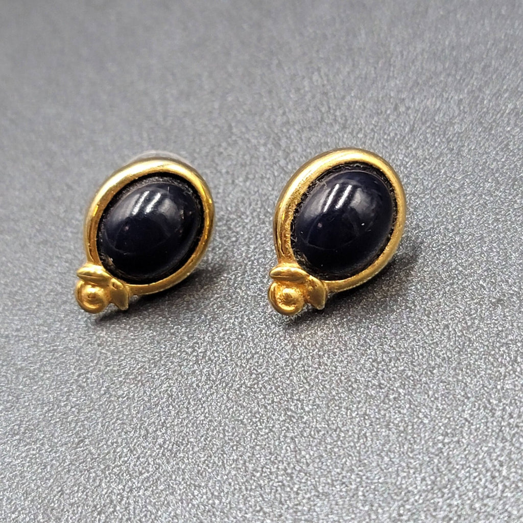 Vintage LCi Pierced Earrings Gold tone Blue Cabochon Studs 3/4"