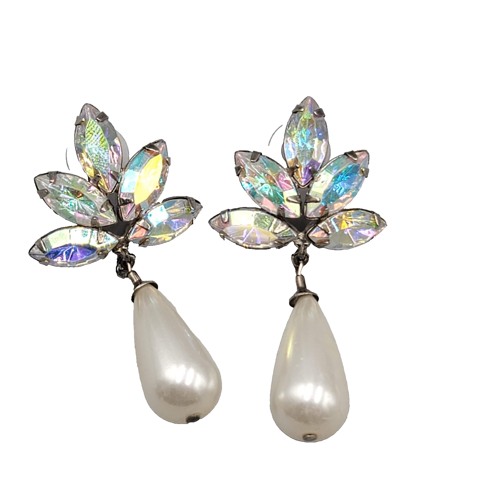 Vintage Statement Pierced Earrings Large AB Rhinestone Faux Pearl Teardrop 2.25"