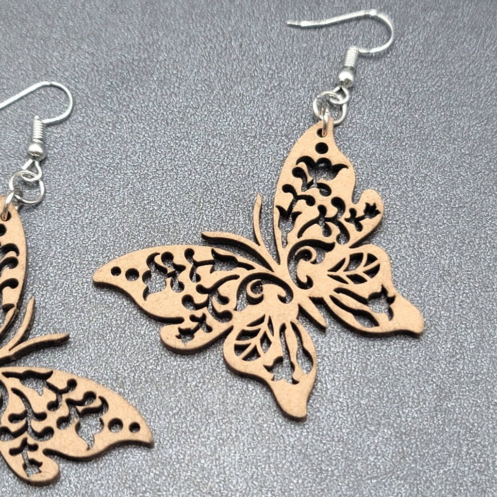 Butterfly Pierced Earrings Laser Cut Wood Dangle Large 2"