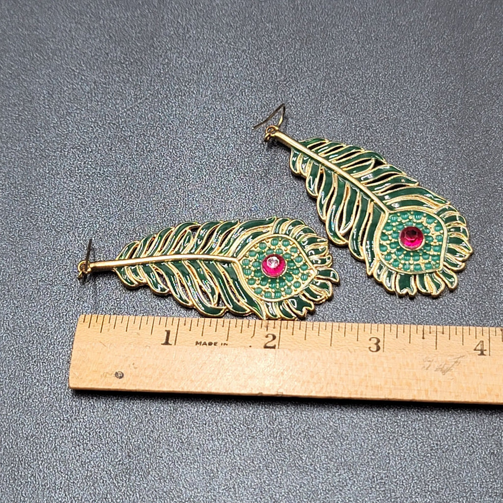 Metal Feather Pierced Earrings Green Enamel Pink Rhinestone Large Dangle 2 5/8"