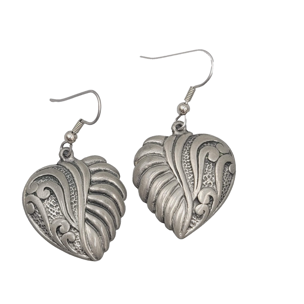 Vintage EGE Pewter Heart Pierced Earrings Dangle 1.25"