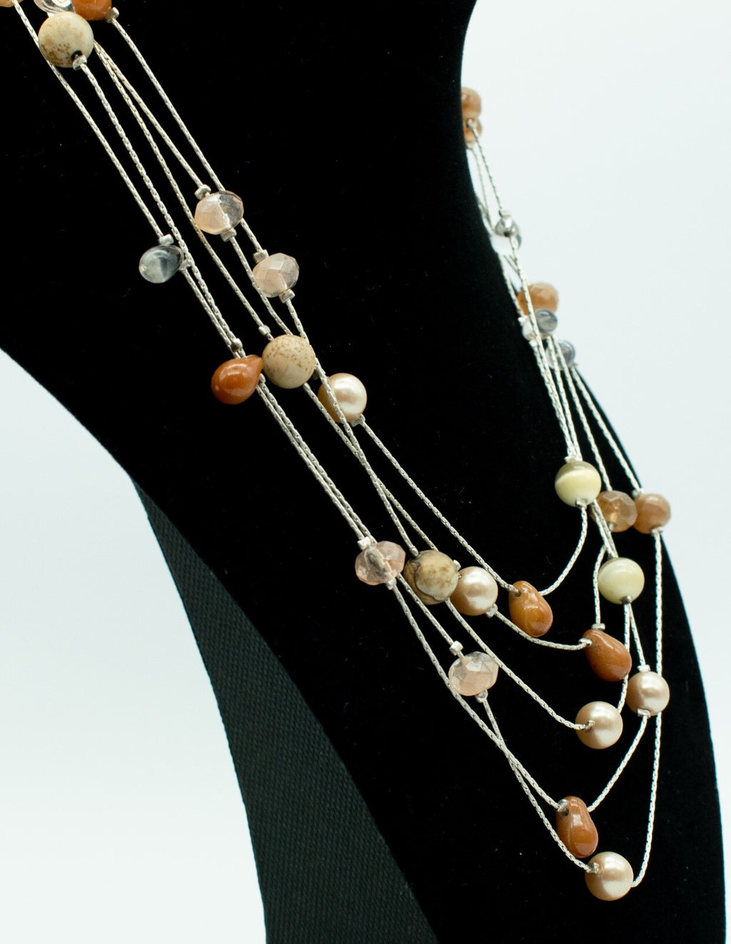 Liz Claiborne LC Necklace Multi Strand Cats Eye Agate Pearl Beads 16" - 18"