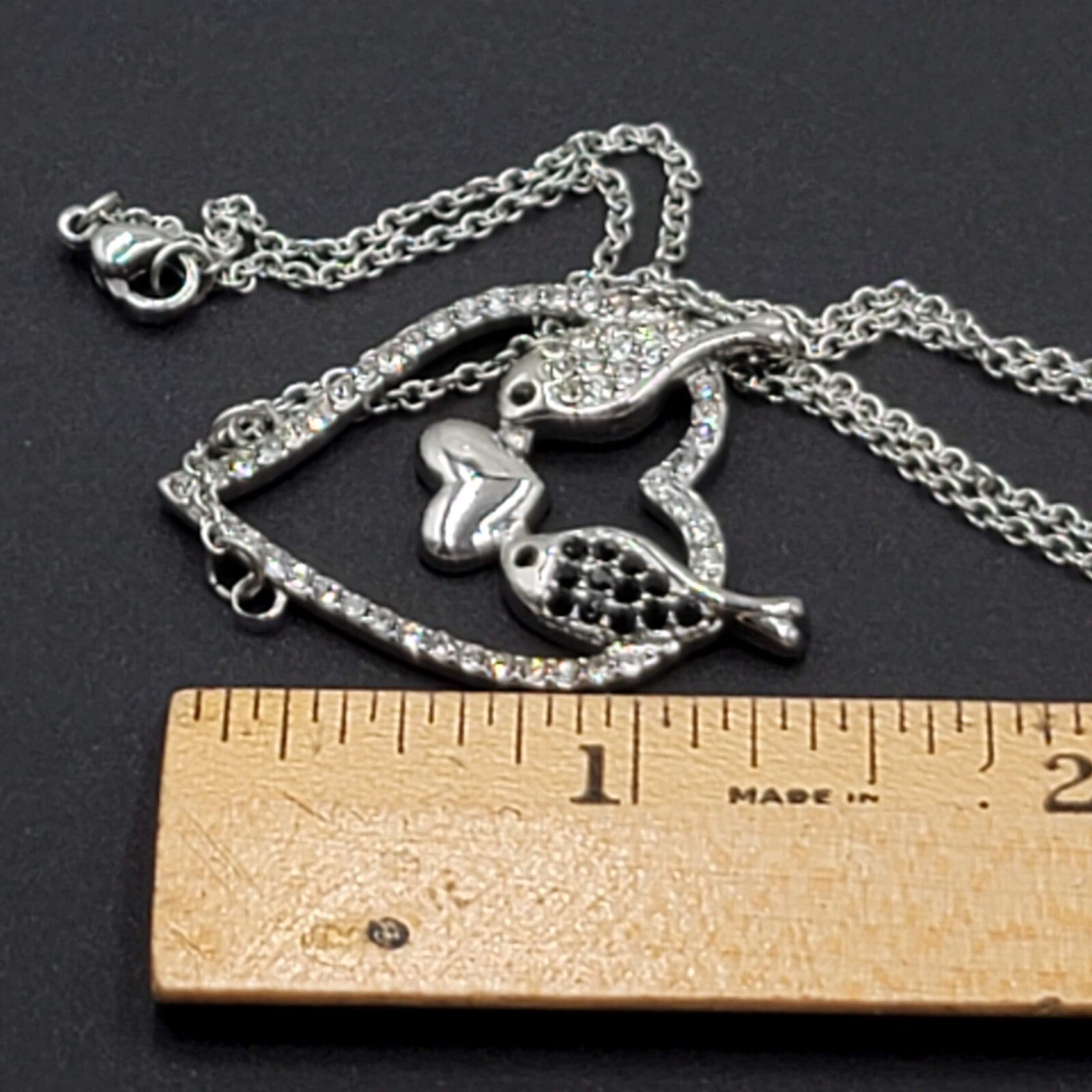 Bird Necklace Silver tone Black Clear Crystal Rhinestones Pendant 20"