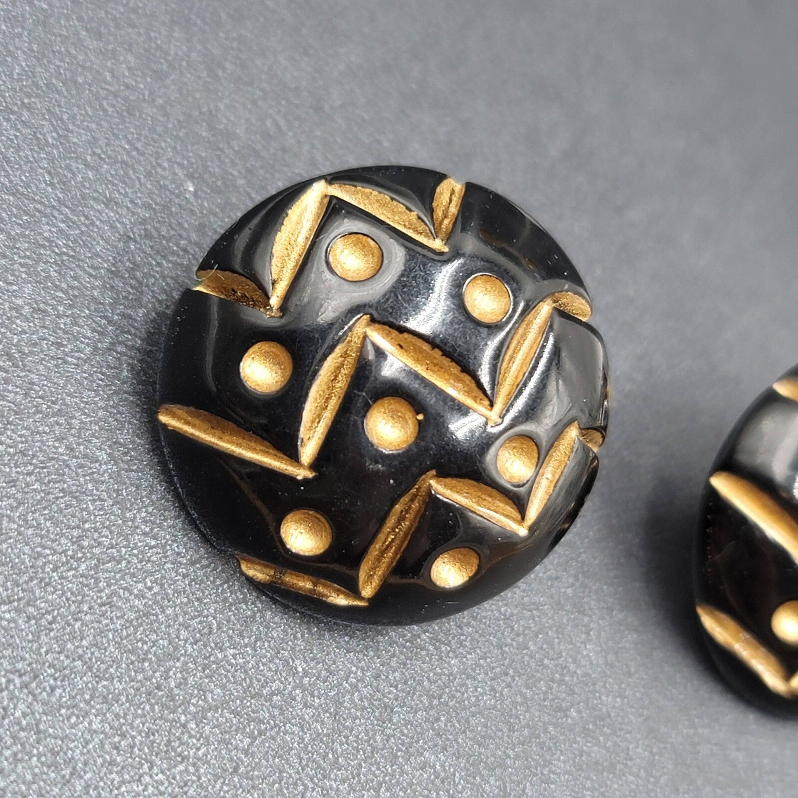 Vintage Pierced Earrings Wood Black Gold Painted Dome Button Stud  1.25"