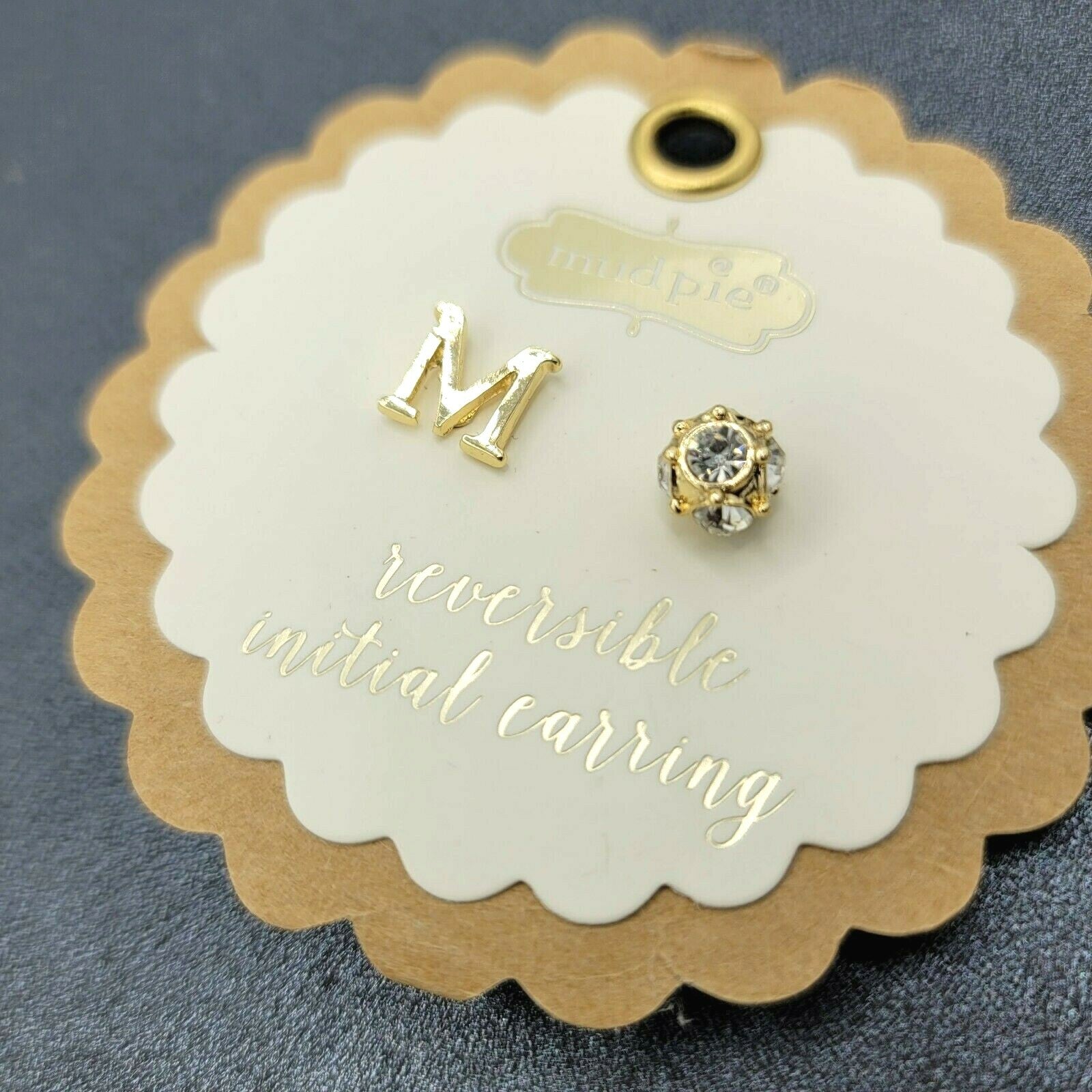 Mud Pie Gold tone Initial Letter M Reversible Crystal Pierced Stud Earrings