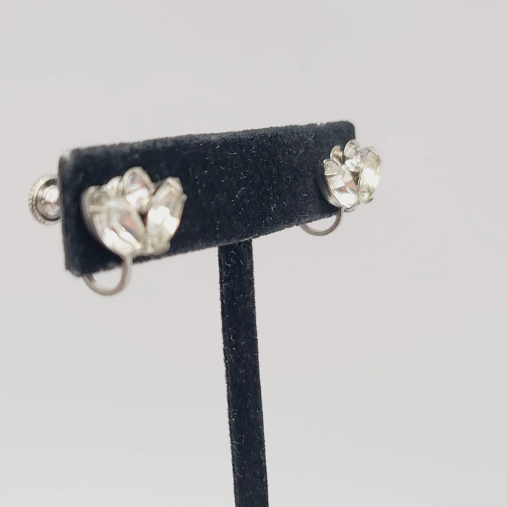 Vintage Rhinestone Stud Clip on Earrings Silver tone Screw Back 3/8 in