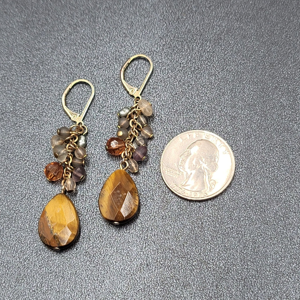 Pierced Earrings Silver tone Glass Bead Tigers Eye Teardrop 1.75"