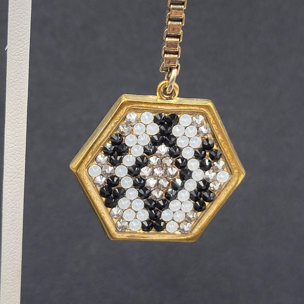 Pierced Earrings Gold Plated Rhinestone Studded Hexagon Dangle Chain Signed 