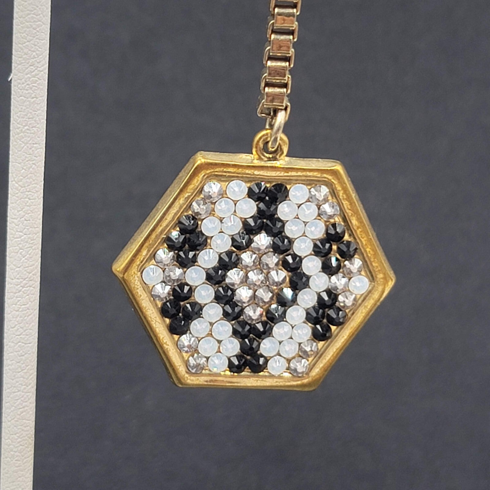 Pierced Earrings Gold Plated Rhinestone Studded Hexagon Dangle Chain Signed 