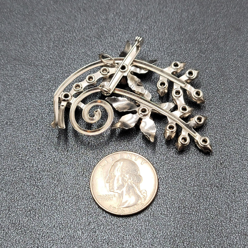 Vintage Brooch Blue Rhinestone Silver tone Pendant 2.25" Estate Jewelry