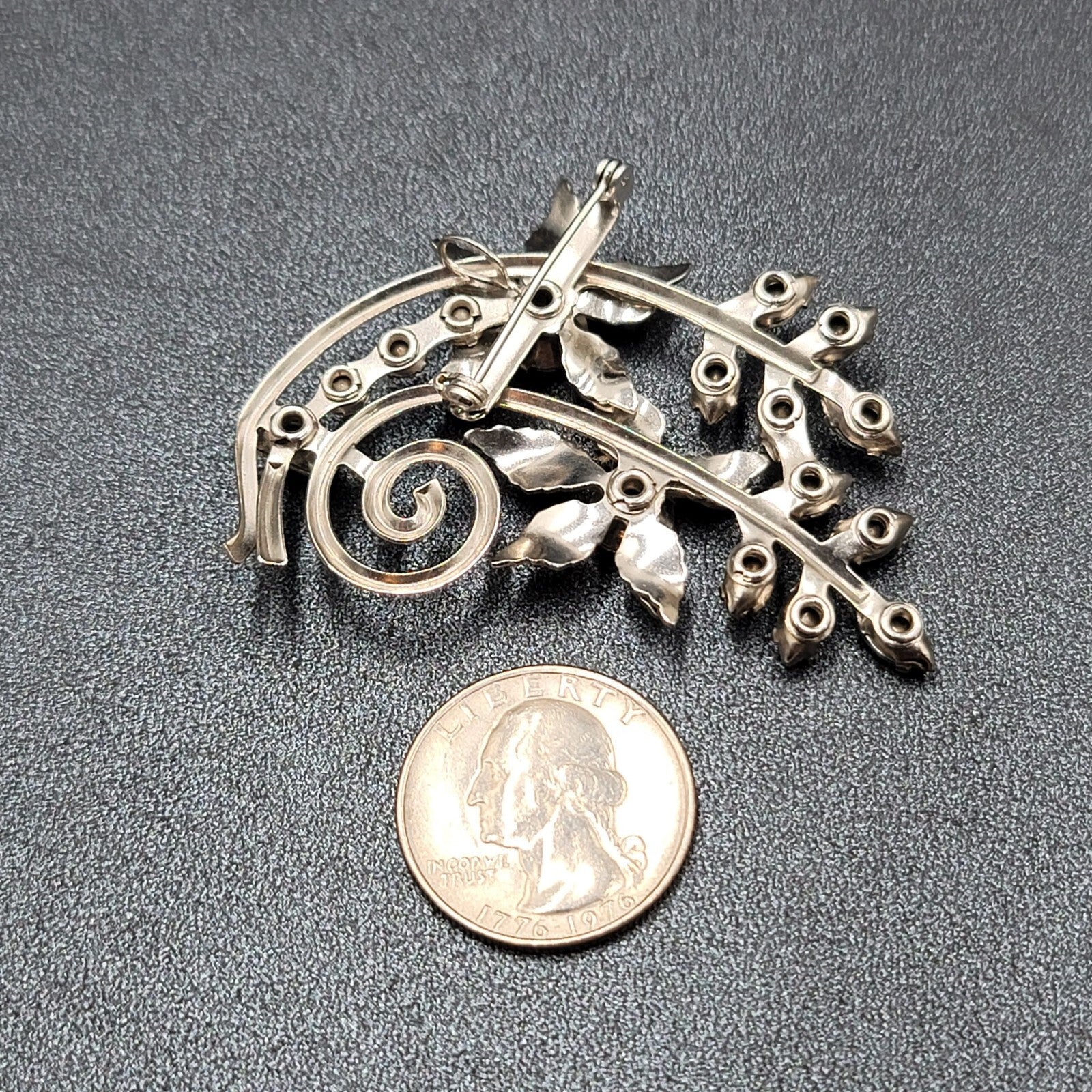 Vintage Brooch Blue Rhinestone Silver tone Pendant 2.25" Estate Jewelry
