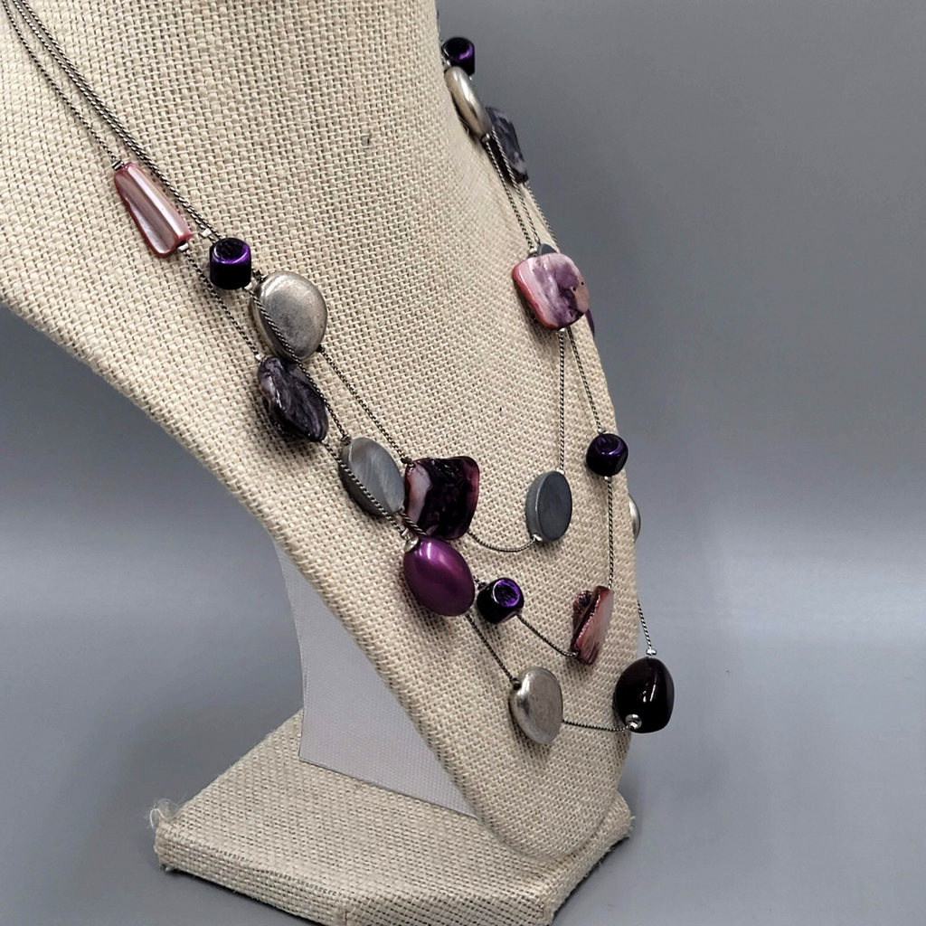 Triple Strand Necklace Purple Gray Shell Station Bead Silver tone  18"