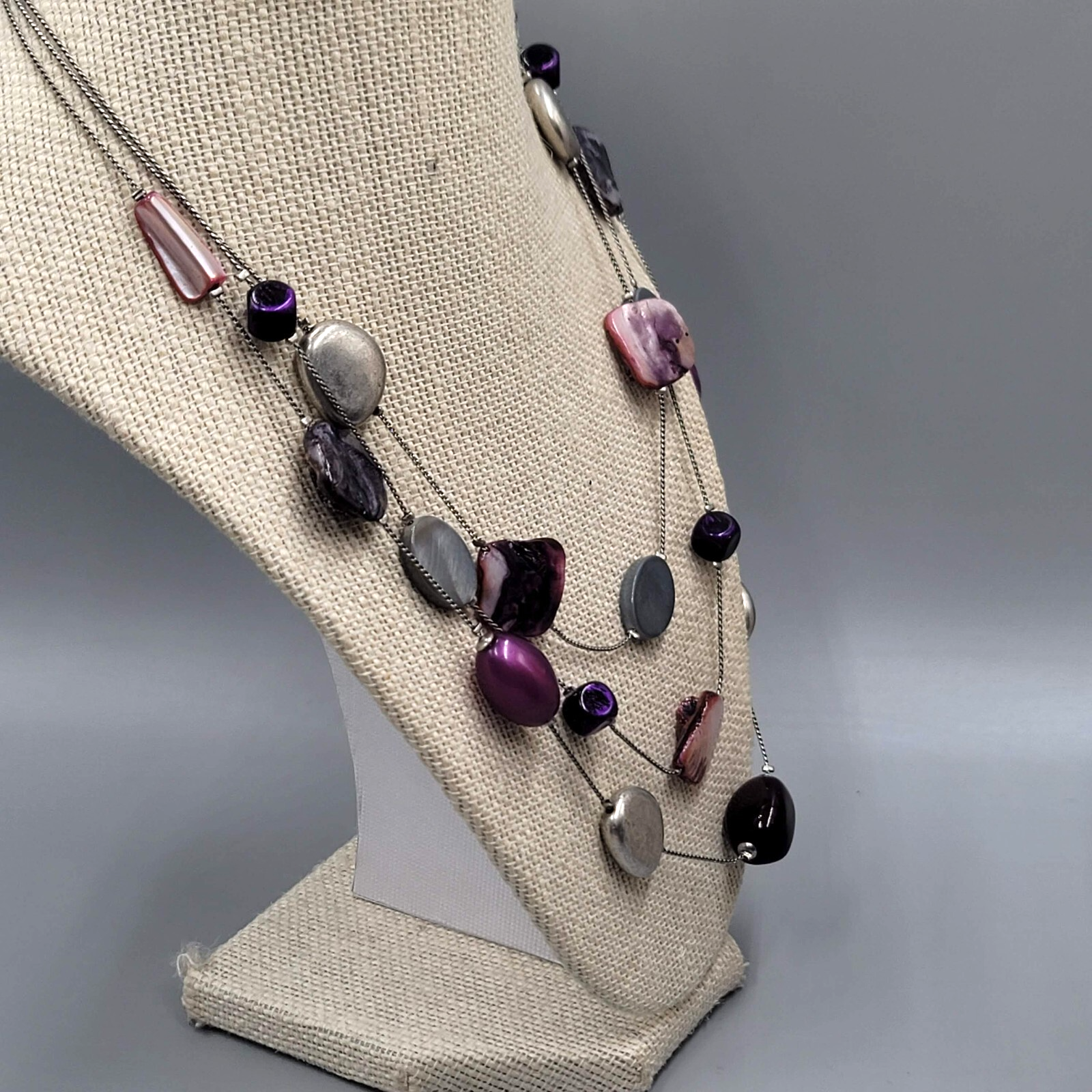 Triple Strand Necklace Purple Gray Shell Station Bead Silver tone  18"