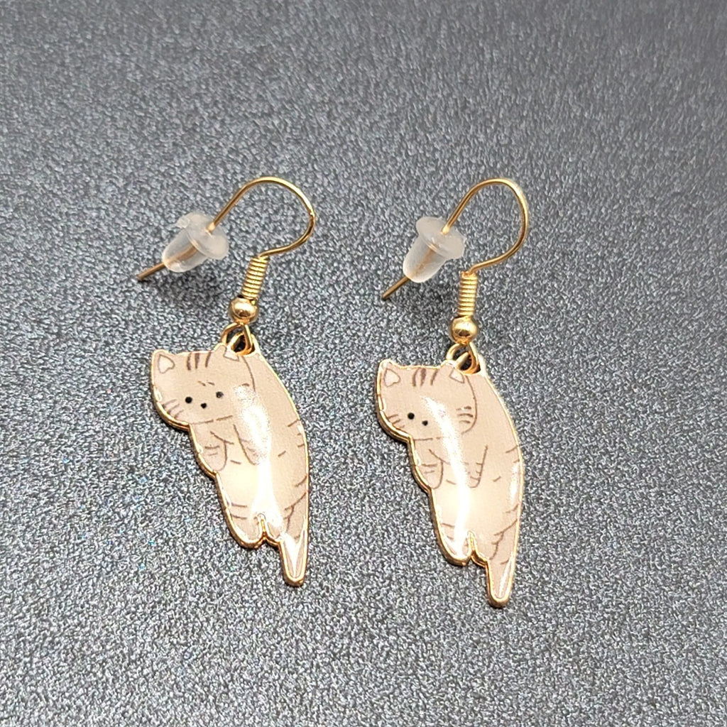 Kitty Cat Pierced Earrings Gray Tabby Kitten Dangle Gold tone 1"