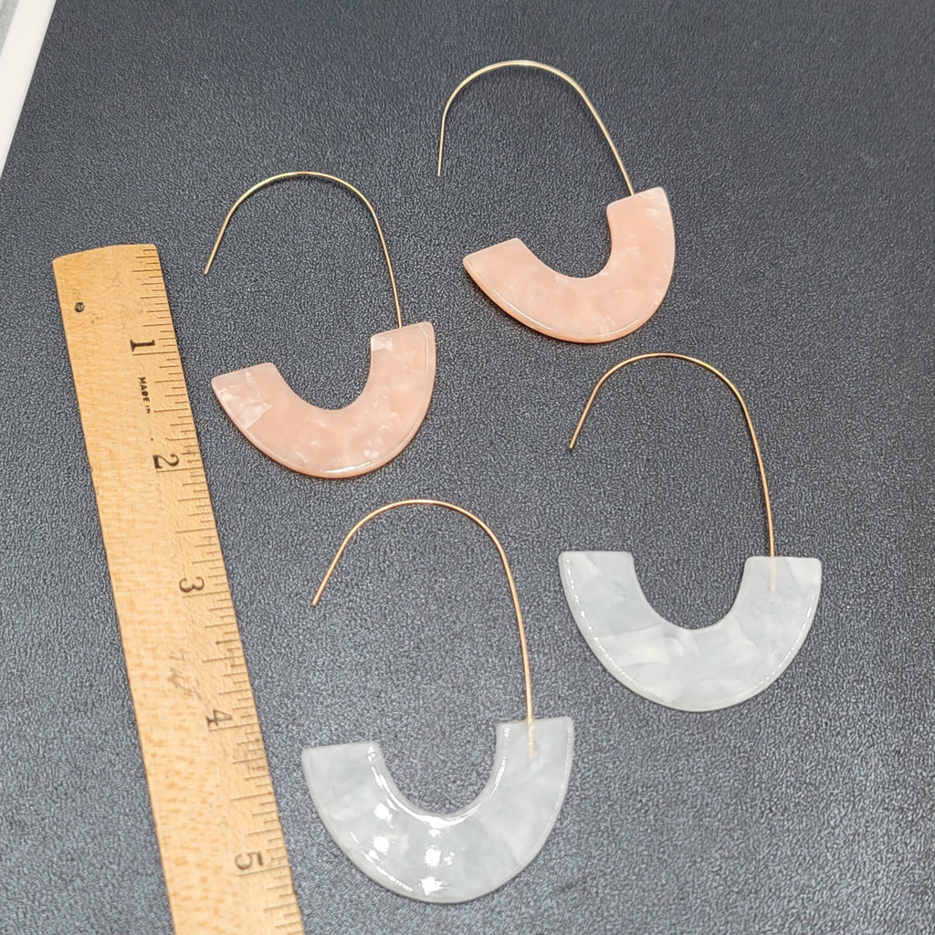 2 Pierced Earrings Pink White Acrylic Large Statement Hoops 2.5"