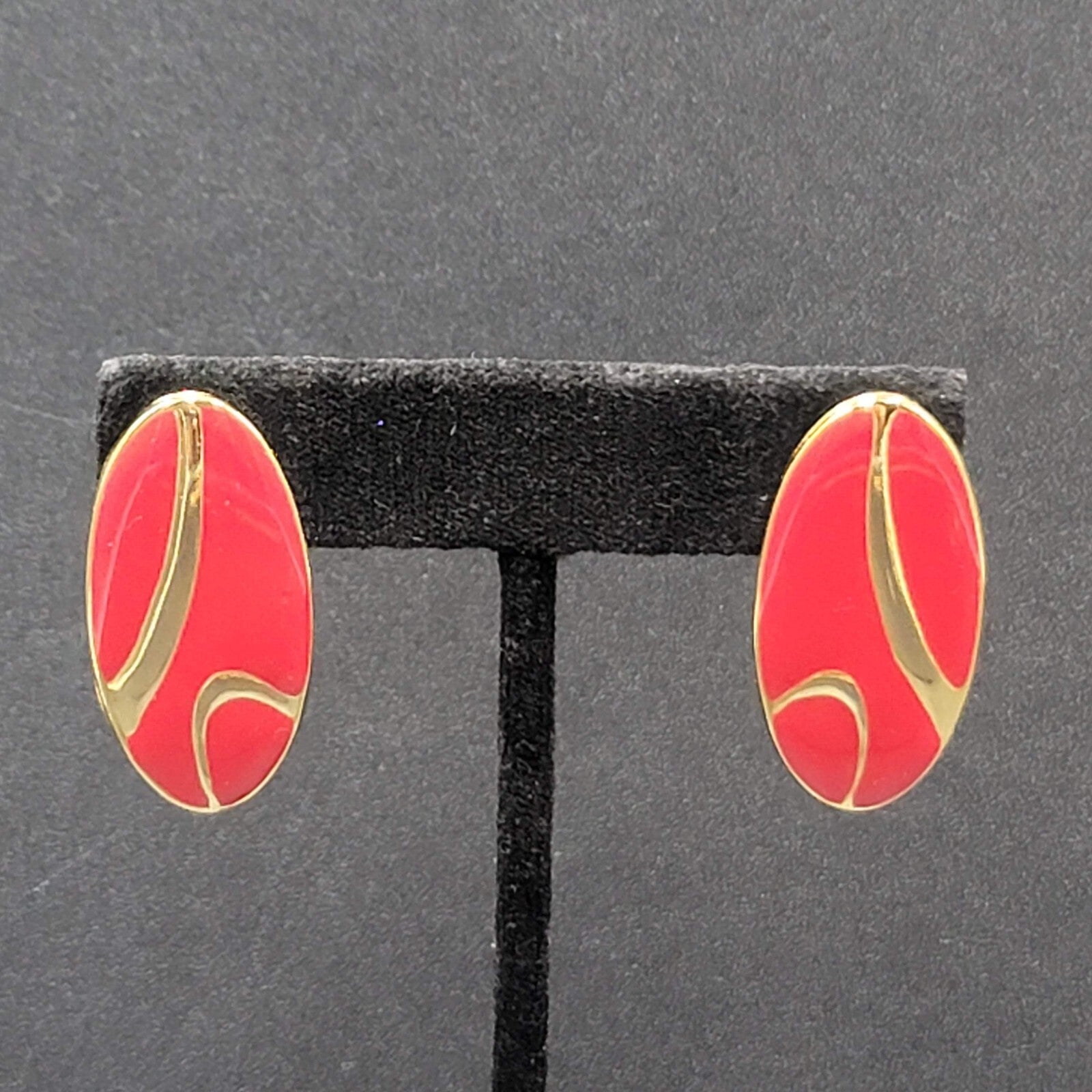 Vintage Pierced Earrings Gold tone Red Enamel Oval Drop 1.25"