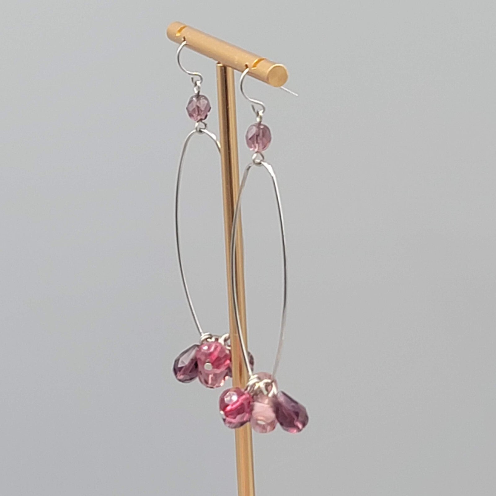 Purple Bead Long Hoop Pierced Earrings Silver tone Dangle 2.25"