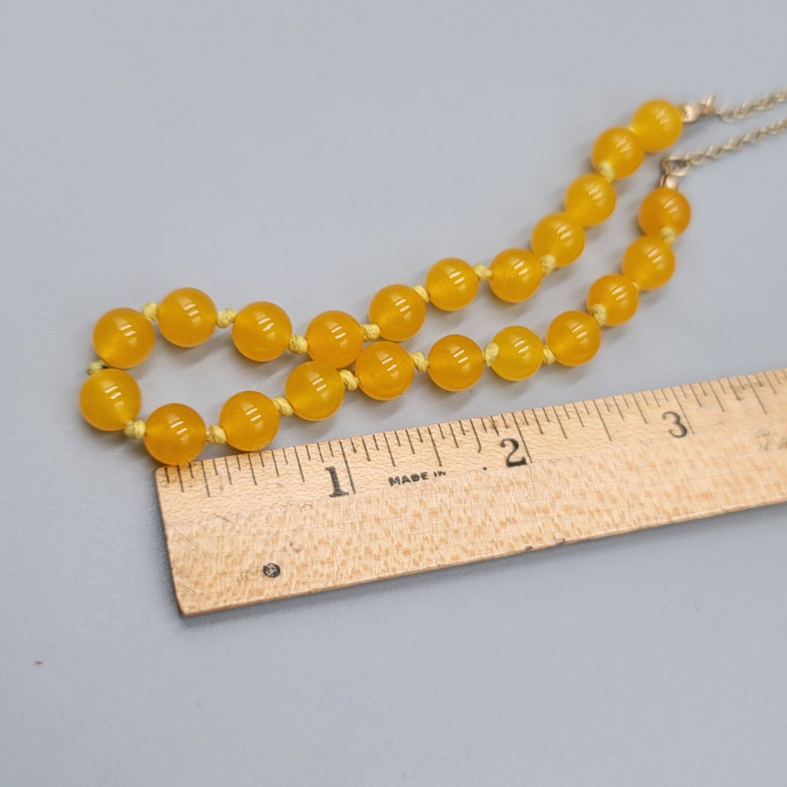 Yellow Glass Bead Hand Knotted Necklace Gold tone Long Chain 34"-37"