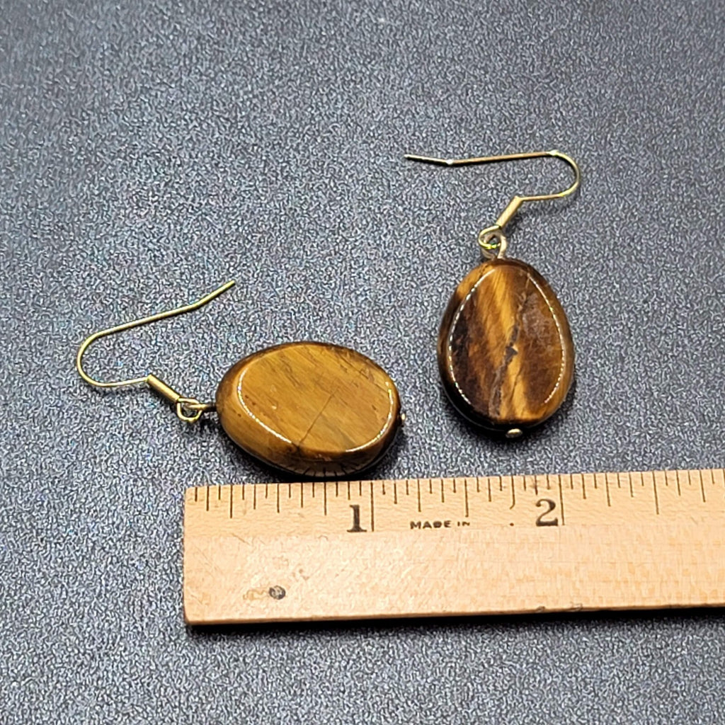 Pierced Earrings Gold tone Tigers Eye Teardrop Dangle 1 1/8"