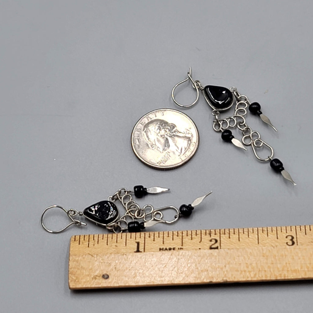 Vintage Black Glass Wire Wrap Pierced Earrings Silver tone Dangle 2"
