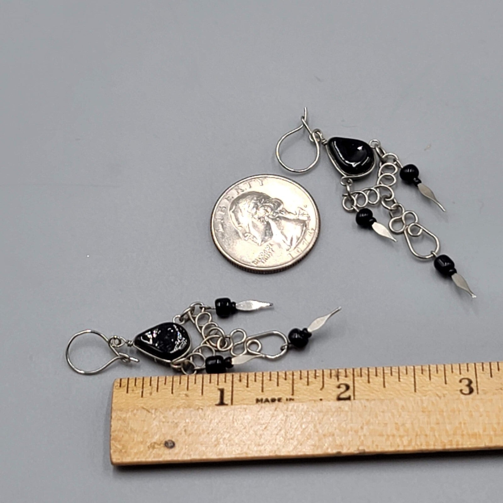 Vintage Black Glass Wire Wrap Pierced Earrings Silver tone Dangle 2"