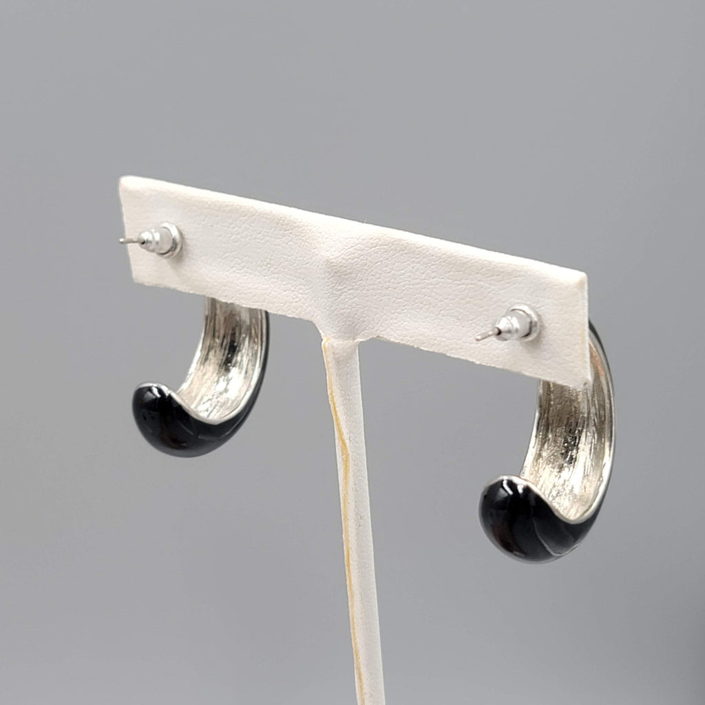 Black Enamel Drop Hoops Pierced Earrings Silver tone 1.25 in