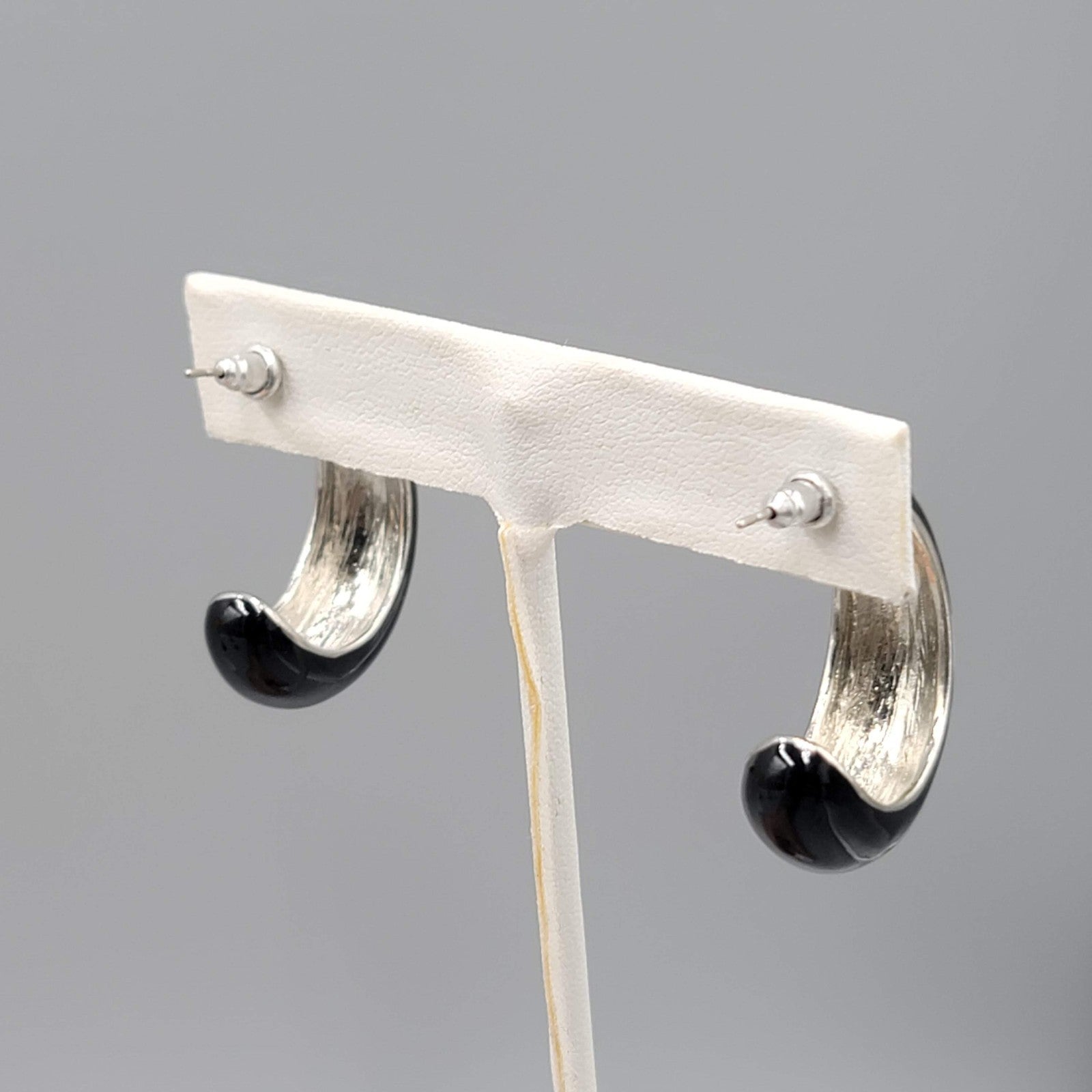 Black Enamel Drop Hoops Pierced Earrings Silver tone 1.25 in