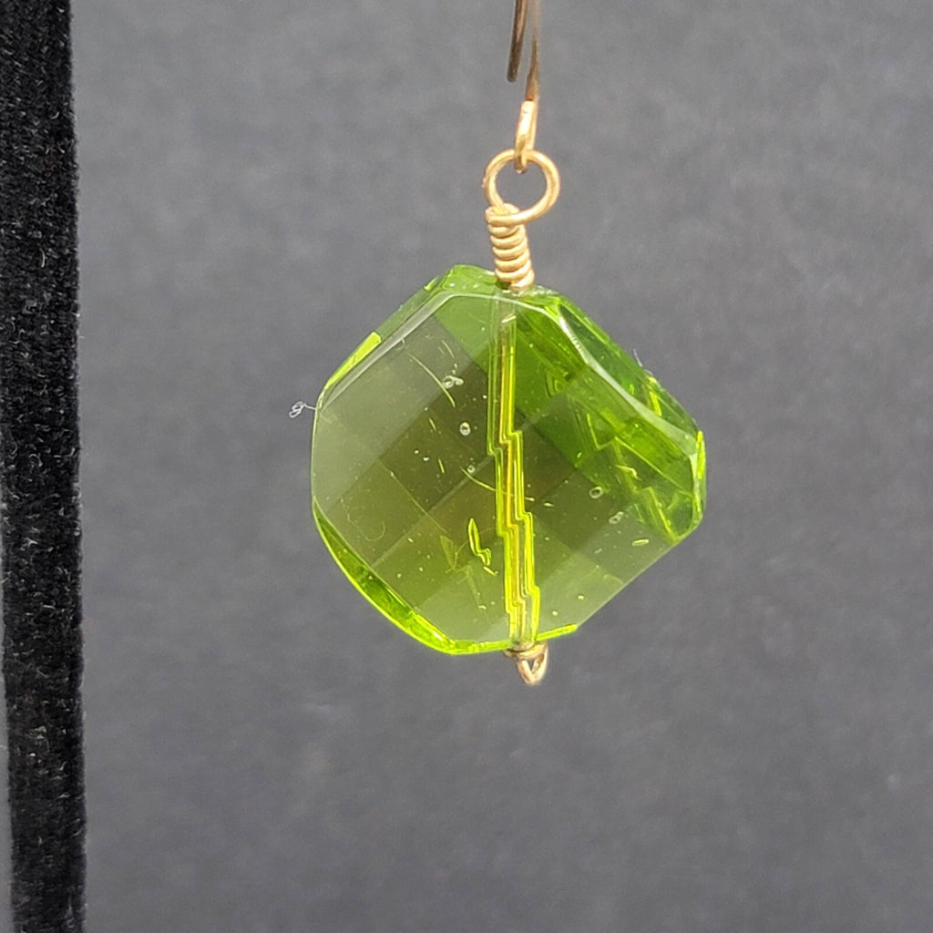 Pierced Earrings Copper tone Green Art Glass Faceted Bead 1.25"