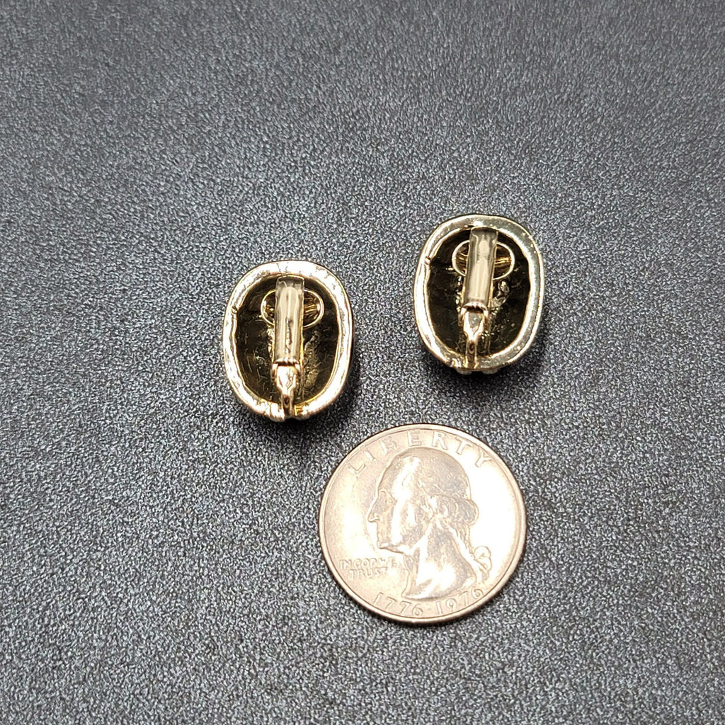 Vintage Clip on Earrings Gold tone Black Enamel Dome Oval Studs 3/4"