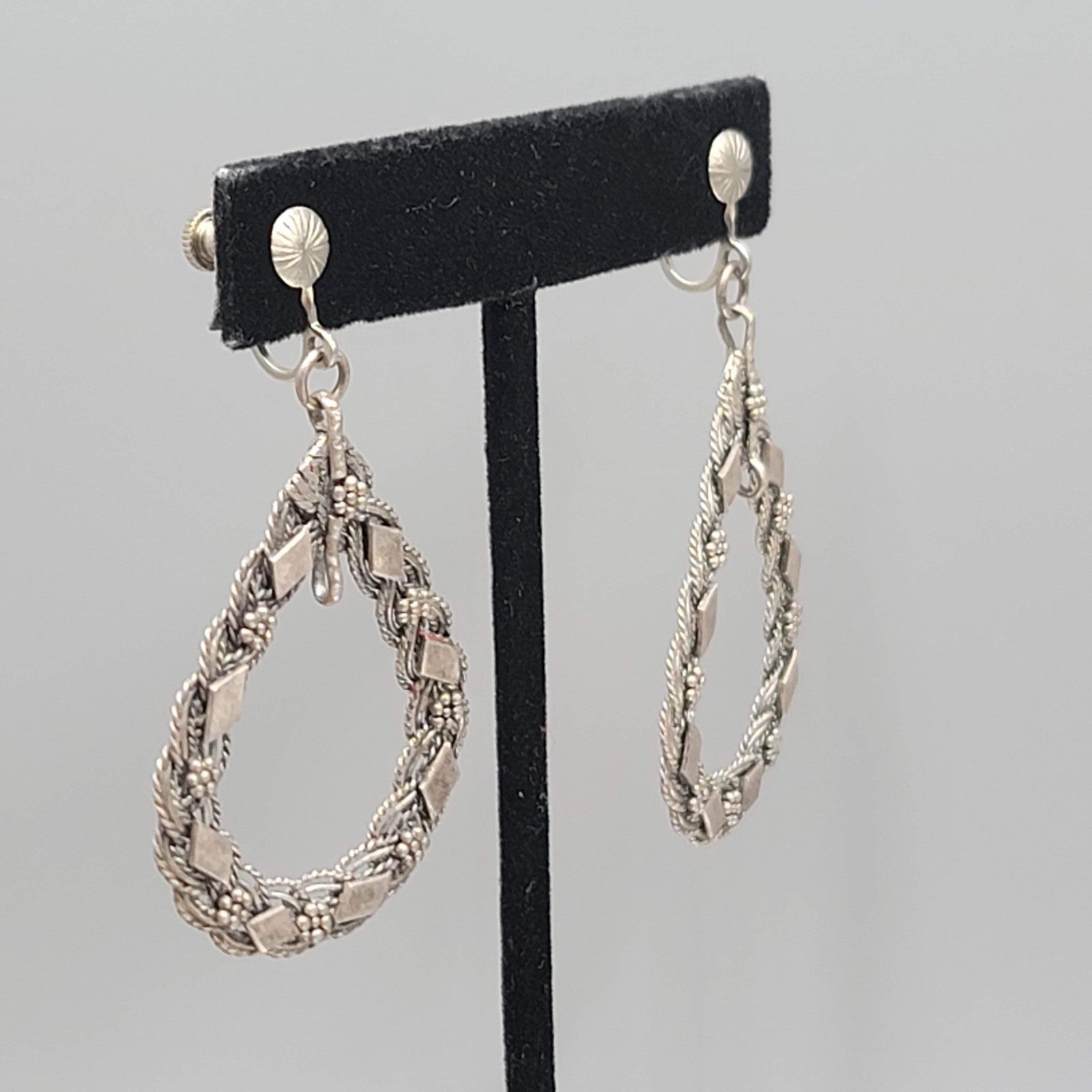 Vintage Open Teardrop Embossed Clip on Earrings Silver tone Dangle 2 in