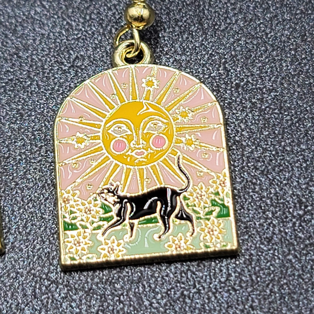 Pierced Earrings Gold tone Enamel Black Cat Happy Sun Flowers Dangle 1"