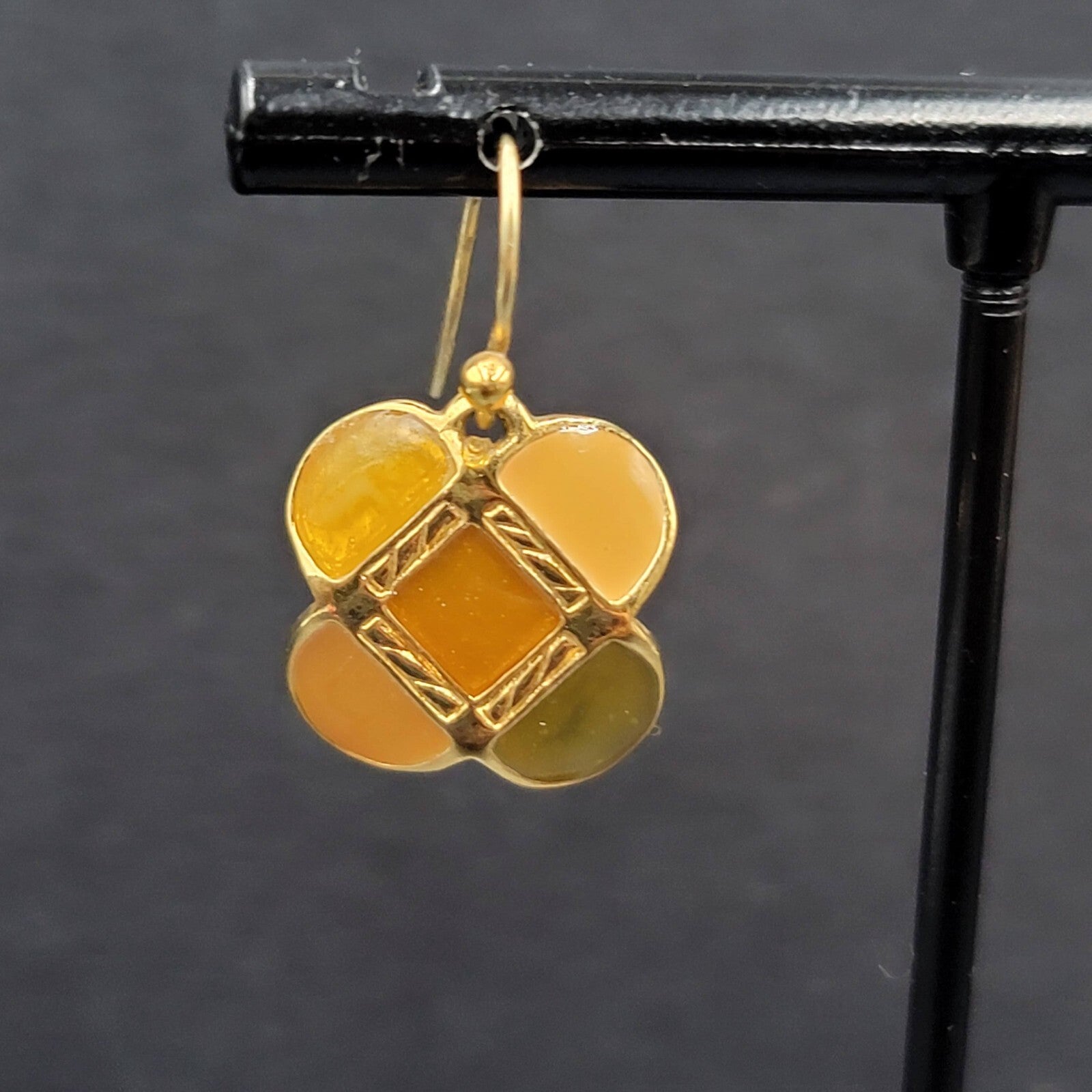 Ann Klein Pierced Earrings Gold Plated Orange Green Enamel Dangle 5/8"