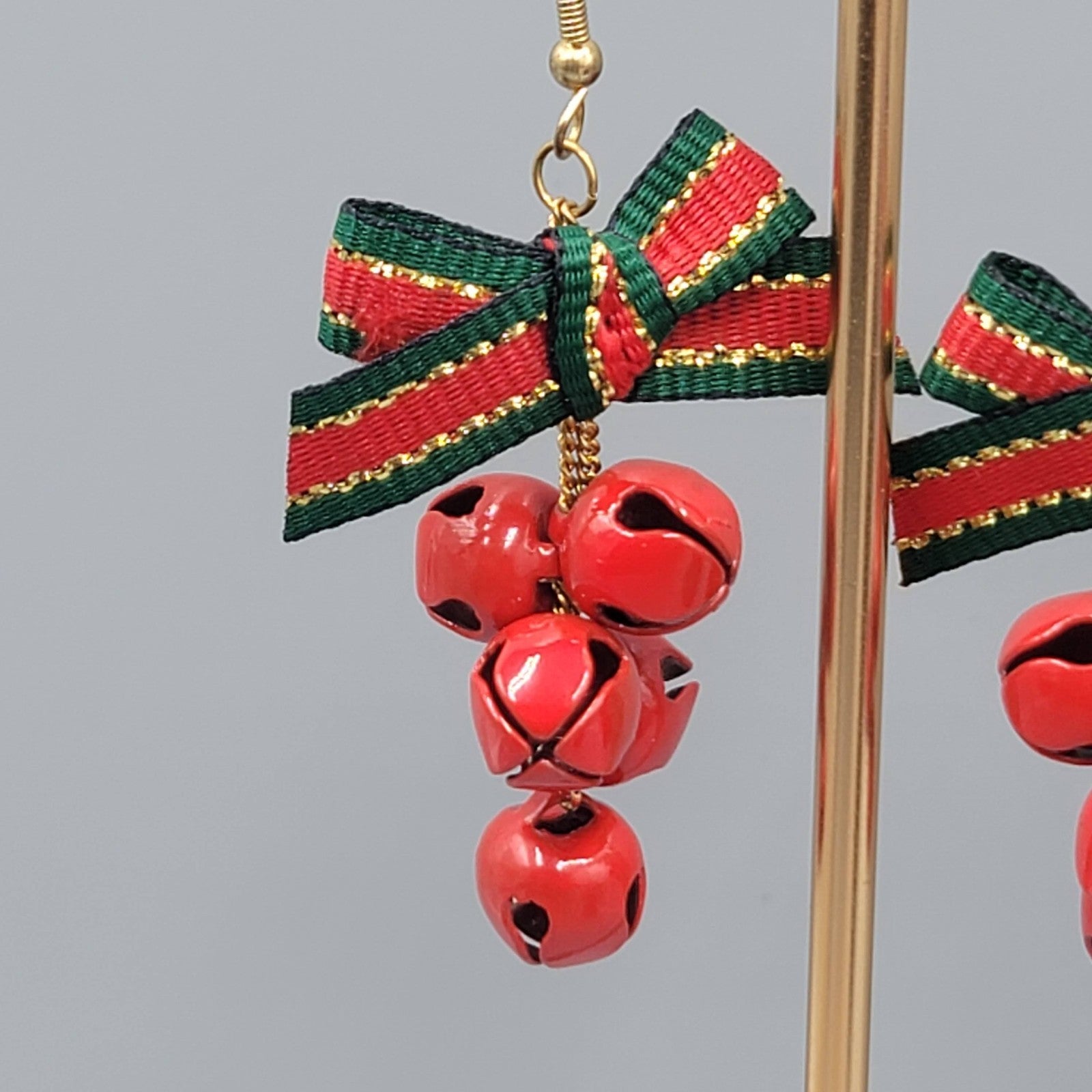 Vintage Christmas Jingle Bells Pierced Earrings Ribbon Gold tone Dangle 2"