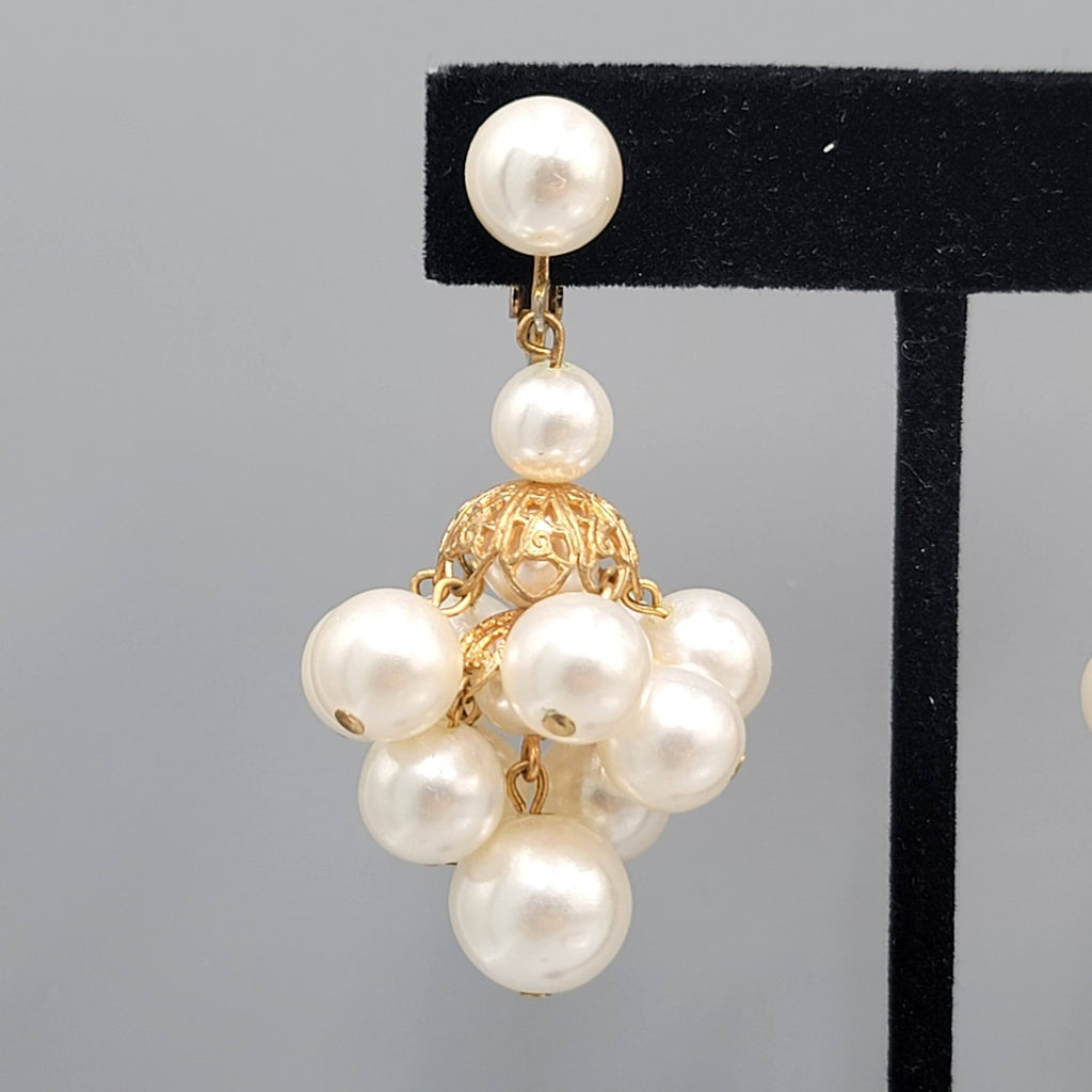 Vintage White Beaded Chandelier Clip on Earrings Gold tone Dangle 2 in
