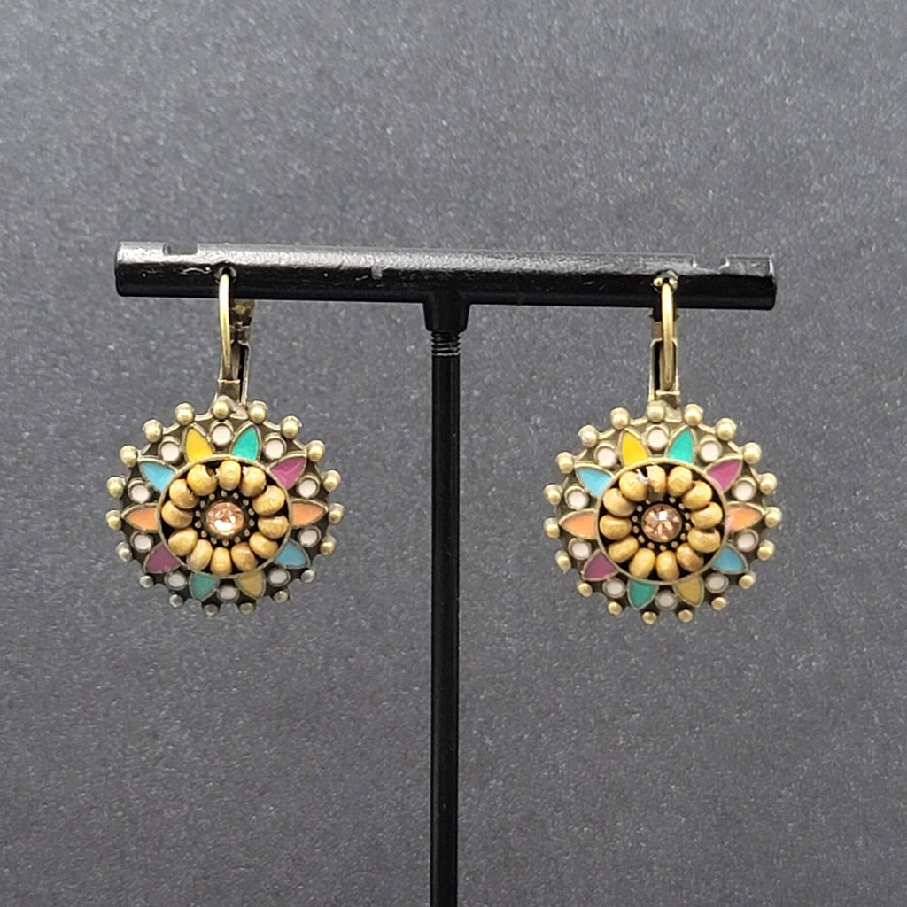 New Boho Pierced Earrings Bronze tone Medallion Enamel Wood Bead 1"