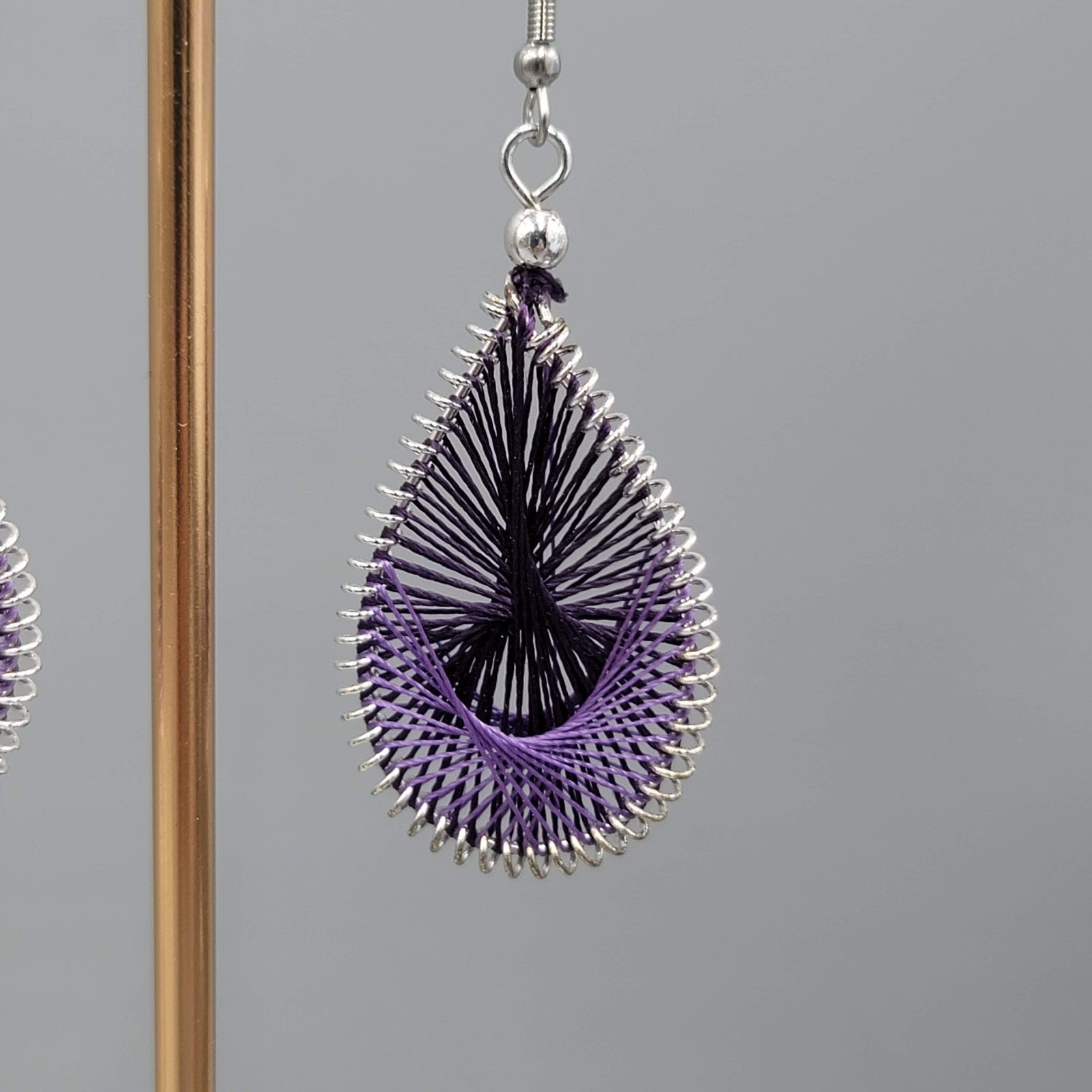 Purple String Art Pierced Earrings Silver tone Dangle 1.75 in