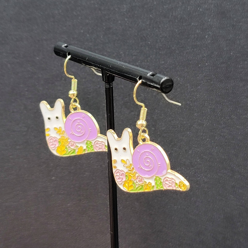 Purple Snail Pierced Earrings Gold tone Enamel Flowers Dangle 3/4"
