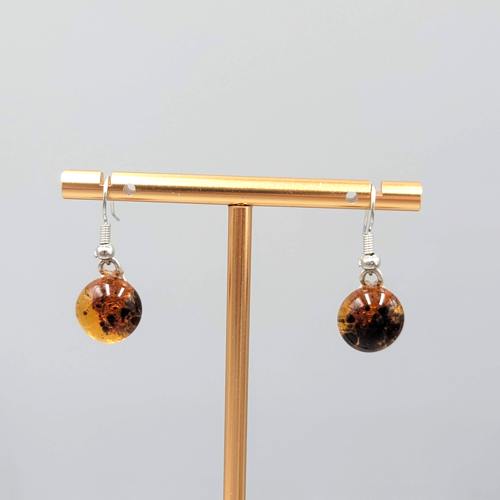 Round Brown Glass Pierced Earrings Silver tone Dainty Dangle 1/2"