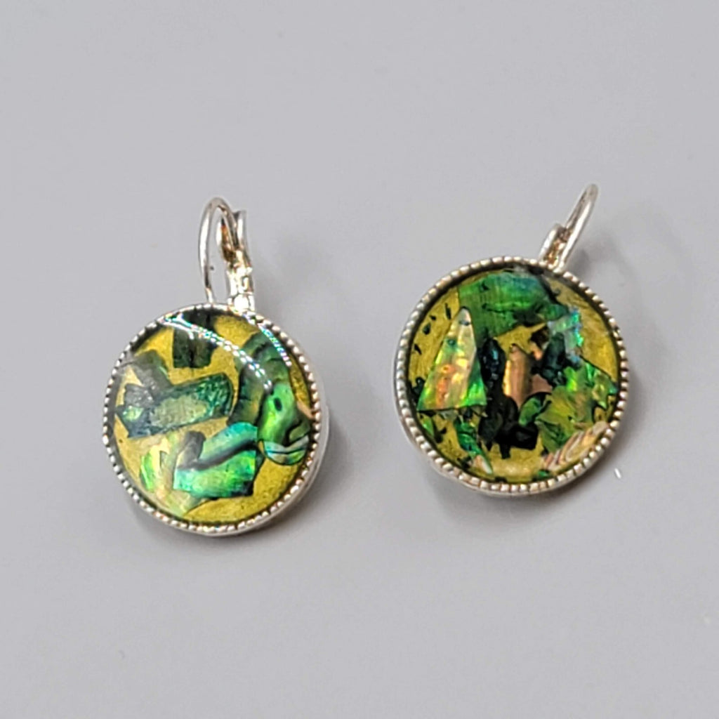 Abalone Inlay Round Pierced Earrings Silver tone Drop 3/4"